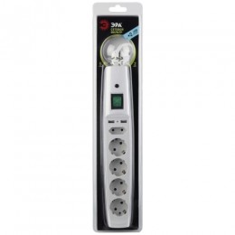 Удлинитель с сетевым фильтром 5х2м с заземл. 10А IP20 U-5es-2m-W 2хUSB ПВС 3х0.75 с выкл. защ. шторки бел. Эра C0043327