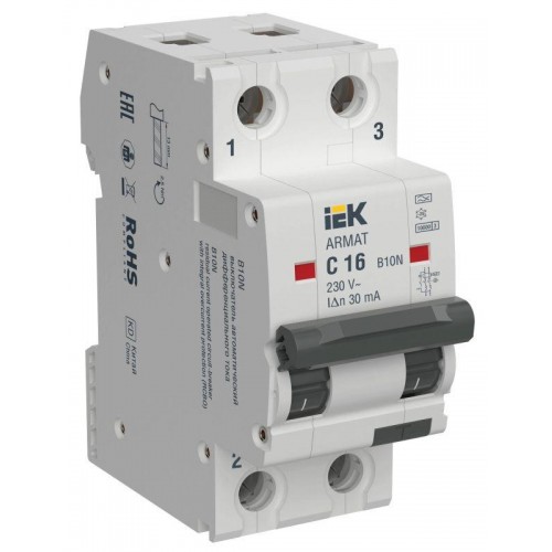Выключатель автоматический дифференциального тока B10N 2P C16 30мА тип A ARMAT IEK AR-B10N-2-C016A030
