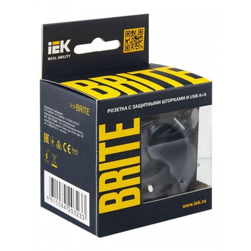 Розетка BRITE РЮш10-1-БрЧ 16А с USB A+A 2.1А с заземл. защ. шторки механизм черн. IEK BR-R14-16-U21-D21-K02