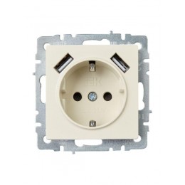 Розетка BRITE РЮш10-1-БрКр 16А с USB A+A 2.1А с заземл. защ. шторки механизм беж. IEK BR-R14-16-U21-D21-K10