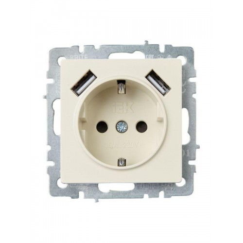 Розетка BRITE РЮш10-1-БрКр 16А с USB A+A 2.1А с заземл. защ. шторки механизм беж. IEK BR-R14-16-U21-D21-K10