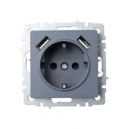 Розетка BRITE РЮш10-1-БрМ 16А с USB A+A 2.1А с заземл. защ. шторки механизм маренго IEK BR-R14-16-U21-D21-K35