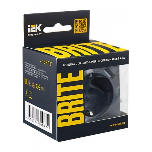 Розетка BRITE РЮш10-1-БрМ 16А с USB A+A 2.1А с заземл. защ. шторки механизм маренго IEK BR-R14-16-U21-D21-K35