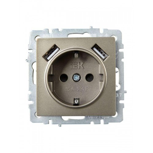 Розетка BRITE РЮш10-1-БрШ 16А с USB A+A 2.1А с заземл. защ. шторки механизм шампань IEK BR-R14-16-U21-D21-K37
