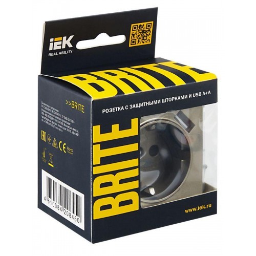Розетка BRITE РЮш10-1-БрШ 16А с USB A+A 2.1А с заземл. защ. шторки механизм шампань IEK BR-R14-16-U21-D21-K37