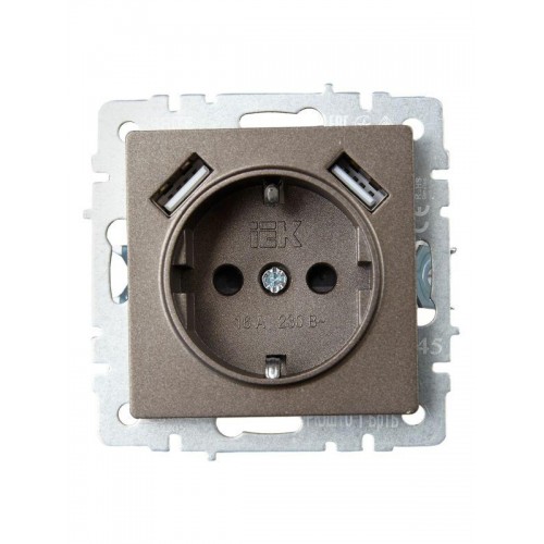 Розетка BRITE РЮш10-1-БрТБ 16А с USB A+A 2.1А с заземл. защ. шторки темн. механизм бронза IEK BR-R14-16-U21-D21-K45