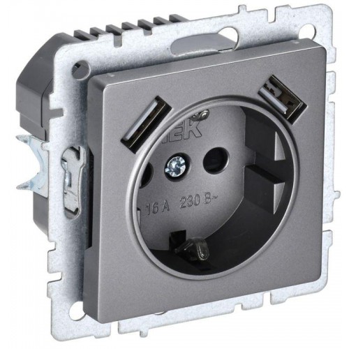 Розетка BRITE РЮш10-1-БрС 16А с USB A+A 2.1А с заземл. защ. шторки механизм сталь IEK BR-R14-16-U21-D21-K46