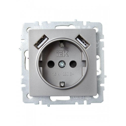Розетка BRITE РЮш10-1-БрС 16А с USB A+A 2.1А с заземл. защ. шторки механизм сталь IEK BR-R14-16-U21-D21-K46