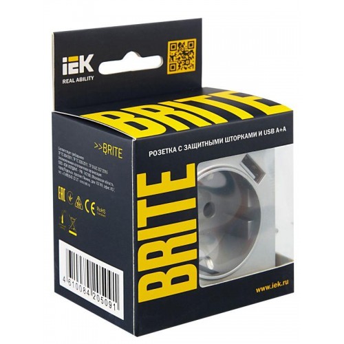 Розетка BRITE РЮш10-1-БрА 16А с USB A+A 2.1А с заземл. защ. шторки механизм алюм. IEK BR-R14-16-U21-D21-K47