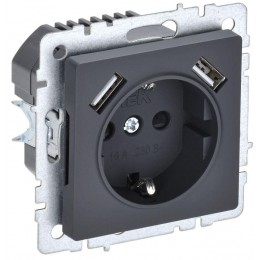 Розетка BRITE РЮш10-1-БрГ 16А с USB A+A 2.1А с заземл. защ. шторки механизм графит IEK BR-R14-16-U21-D21-K53