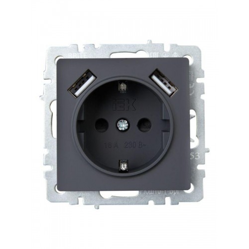 Розетка BRITE РЮш10-1-БрГ 16А с USB A+A 2.1А с заземл. защ. шторки механизм графит IEK BR-R14-16-U21-D21-K53