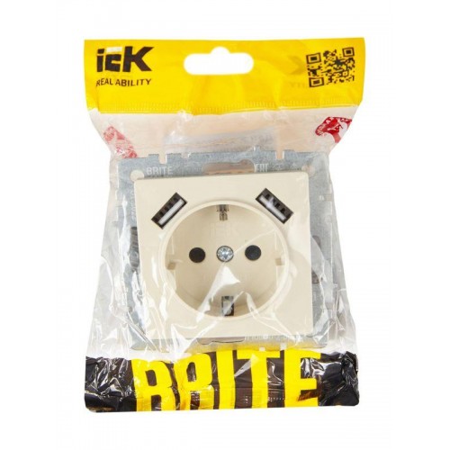 Розетка BRITE РЮш10-2-БрКр 16А с USB A+A 3.1А с заземл. защ. шторки механизм беж. IEK BR-R14-16-U21-D31-K10