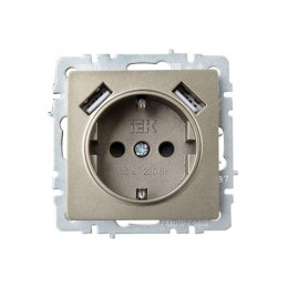 Розетка BRITE РЮш10-2-БрШ 16А с USB A+A 3.1А с заземл. защ. шторки механизм шампань IEK BR-R14-16-U21-D31-K37