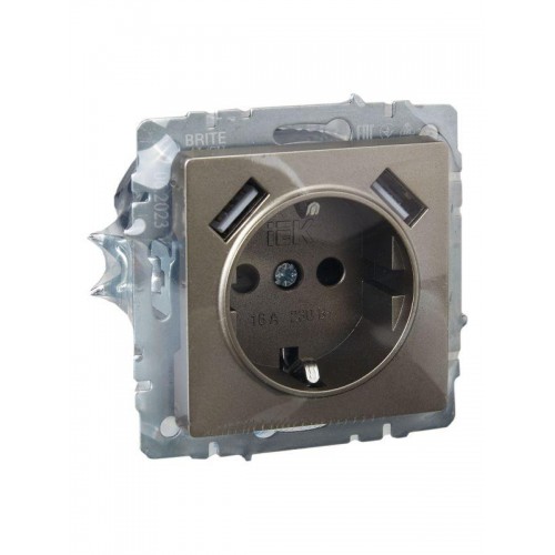 Розетка BRITE РЮш10-2-БрШ 16А с USB A+A 3.1А с заземл. защ. шторки механизм шампань IEK BR-R14-16-U21-D31-K37