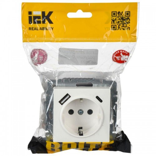 Розетка BRITE РЮш11-1-БрБ 16А с USB A+C 18Вт с заземл. защ. шторки механизм бел. IEK BR-R14-16-U22-018-K01