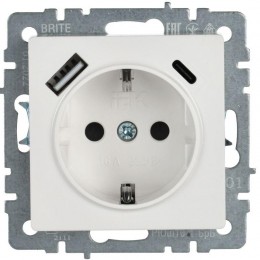 Розетка BRITE РЮш11-1-БрБ 16А с USB A+C 18Вт с заземл. защ. шторки механизм бел. IEK BR-R14-16-U22-018-K01