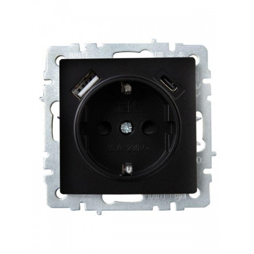 Розетка BRITE РЮш11-1-БрЧ 16А с USB A+C 18Вт с заземл. защ. шторки механизм черн. IEK BR-R14-16-U22-018-K02