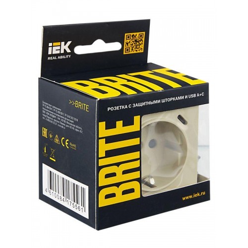 Розетка BRITE РЮш11-1-БрКр 16А с USB A+C 18Вт с заземл. защ. шторки механизм беж. IEK BR-R14-16-U22-018-K10