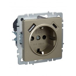 Розетка BRITE РЮш11-1-БрШ 16А с USB A+C 18Вт с заземл. защ. шторки механизм шампань IEK BR-R14-16-U22-018-K37