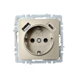Розетка BRITE РЮш11-1-БрШ 16А с USB A+C 18Вт с заземл. защ. шторки механизм шампань IEK BR-R14-16-U22-018-K37