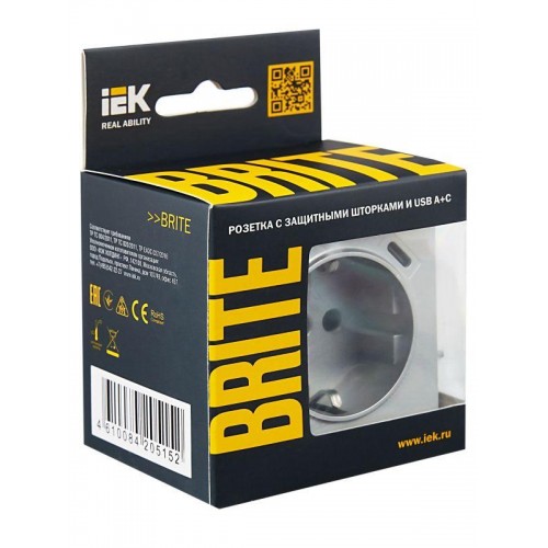 Розетка BRITE РЮш11-1-БрА 16А с USB A+C 18Вт с заземл. защ. шторки механизм алюм. IEK BR-R14-16-U22-018-K47