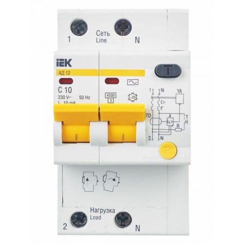Выключатель автоматический дифференциального тока 2п C 10А 10мА тип AC 4.5кА АД-12 KARAT IEK MAD10-2-010-C-010