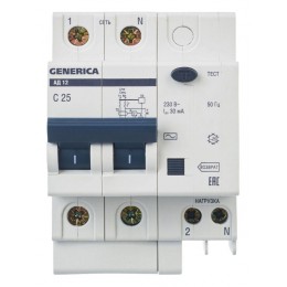 Выключатель автоматический дифференциального тока 2п 25А 30мА АД12 GENERICA MAD15-2-025-C-030