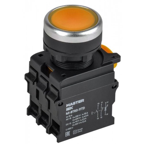 Кнопка d22мм 1НО+1НЗ MASTER с подсветкой и фиксацией желт. IEK MI-BT60-11TD-3-11-K05