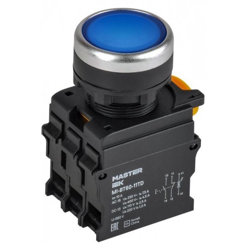 Кнопка d22мм 1НО+1НЗ MASTER с подсветкой и фиксацией син. IEK MI-BT60-11TD-3-11-K07