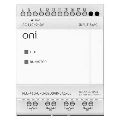 Модуль ЦПУ ПЛК 410 8 DI 4 RO 220В AC с Ethernet портом без экрана ONI PLC-410-CPU-08D04R-0AC-00
