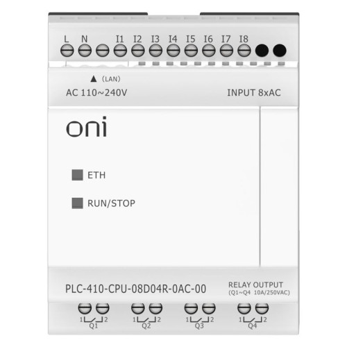 Модуль ЦПУ ПЛК 410 8 DI 4 RO 220В AC с Ethernet портом без экрана ONI PLC-410-CPU-08D04R-0AC-00