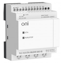 Модуль ЦПУ ПЛК 410 4 DI 4 UI (0-10 В/DI) 4 RO 12В-24В DC или 24В AC с Ethernet портом без экрана ONI PLC-410-CPU-08U04R-0AD-00