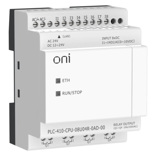 Модуль ЦПУ ПЛК 410 4 DI 4 UI (0-10 В/DI) 4 RO 12В-24В DC или 24В AC с Ethernet портом без экрана ONI PLC-410-CPU-08U04R-0AD-00