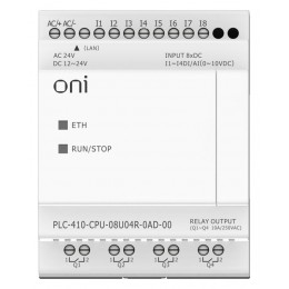 Модуль ЦПУ ПЛК 410 4 DI 4 UI (0-10 В/DI) 4 RO 12В-24В DC или 24В AC с Ethernet портом без экрана ONI PLC-410-CPU-08U04R-0AD-00