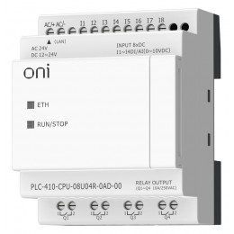 Модуль ЦПУ ПЛК 410 4 DI 4 UI (0-10 В/DI) 4 RO 12В-24В DC или 24В AC с Ethernet портом без экрана ONI PLC-410-CPU-08U04R-0AD-00