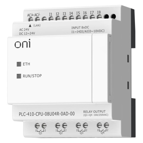 Модуль ЦПУ ПЛК 410 4 DI 4 UI (0-10 В/DI) 4 RO 12В-24В DC или 24В AC с Ethernet портом без экрана ONI PLC-410-CPU-08U04R-0AD-00
