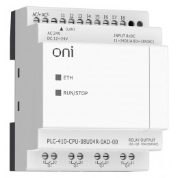 Модуль ЦПУ ПЛК 410 4 DI 4 UI (0-10 В/DI) 4 RO 12В-24В DC или 24В AC с Ethernet портом без экрана ONI PLC-410-CPU-08U04R-0AD-00