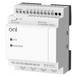 Модуль ЦПУ ПЛК 410 4 DI 4 UI (0-10 В/DI) 4 RO 12В-24В DC или 24В AC с Ethernet портом без экрана ONI PLC-410-CPU-08U04R-0AD-00