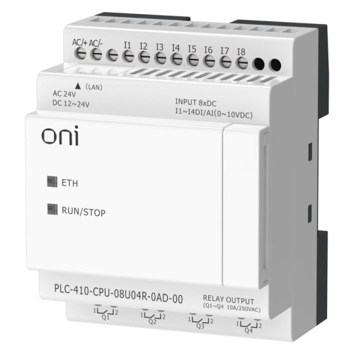 Модуль ЦПУ ПЛК 410 4 DI 4 UI (0-10 В/DI) 4 RO 12В-24В DC или 24В AC с Ethernet портом без экрана ONI PLC-410-CPU-08U04R-0AD-00