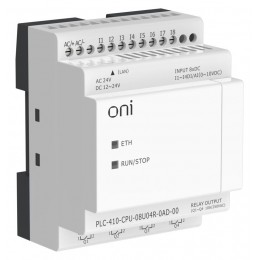 Модуль ЦПУ ПЛК 410 4 DI 4 UI (0-10 В/DI) 4 RO 12В-24В DC или 24В AC с Ethernet портом без экрана ONI PLC-410-CPU-08U04R-0AD-00