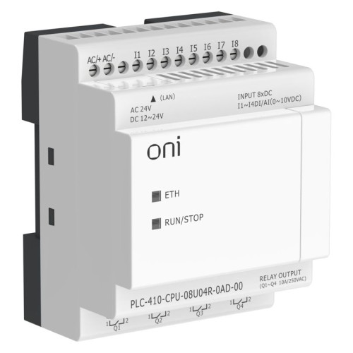 Модуль ЦПУ ПЛК 410 4 DI 4 UI (0-10 В/DI) 4 RO 12В-24В DC или 24В AC с Ethernet портом без экрана ONI PLC-410-CPU-08U04R-0AD-00