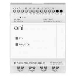Модуль ЦПУ ПЛК 410 4 DI 4 UI (0-10 В/DI) 4 RO 12В-24В DC или 24В AC с Ethernet портом без экрана ONI PLC-410-CPU-08U04R-0AD-00