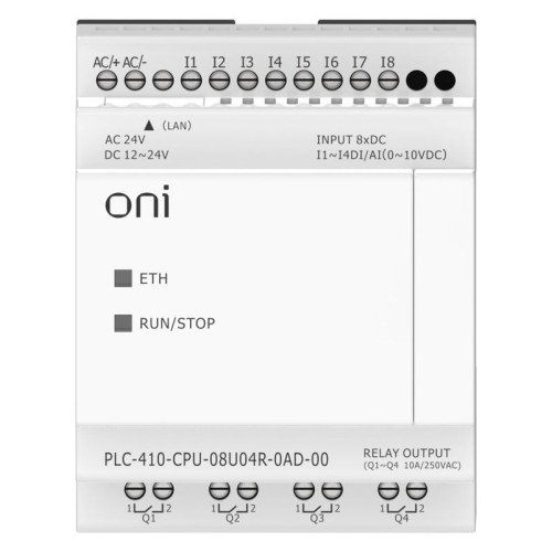 Модуль ЦПУ ПЛК 410 4 DI 4 UI (0-10 В/DI) 4 RO 12В-24В DC или 24В AC с Ethernet портом без экрана ONI PLC-410-CPU-08U04R-0AD-00