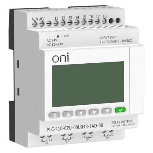Модуль ЦПУ ПЛК 410 4 DI 4 UI (0-10 В/DI) 4 RO 12В-24В DC или 24В AC с Ethernet портом с экраном ONI PLC-410-CPU-08U04R-1AD-00