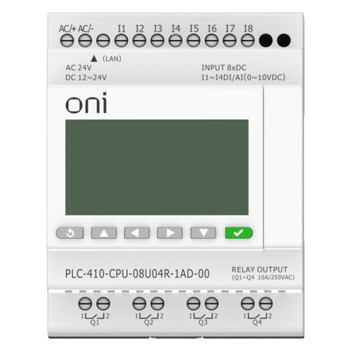 Модуль ЦПУ ПЛК 410 4 DI 4 UI (0-10 В/DI) 4 RO 12В-24В DC или 24В AC с Ethernet портом с экраном ONI PLC-410-CPU-08U04R-1AD-00