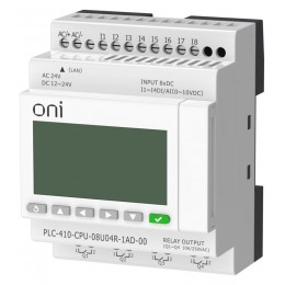 Модуль ЦПУ ПЛК 410 4 DI 4 UI (0-10 В/DI) 4 RO 12В-24В DC или 24В AC с Ethernet портом с экраном ONI PLC-410-CPU-08U04R-1AD-00