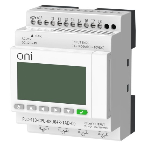 Модуль ЦПУ ПЛК 410 4 DI 4 UI (0-10 В/DI) 4 RO 12В-24В DC или 24В AC с Ethernet портом с экраном ONI PLC-410-CPU-08U04R-1AD-00