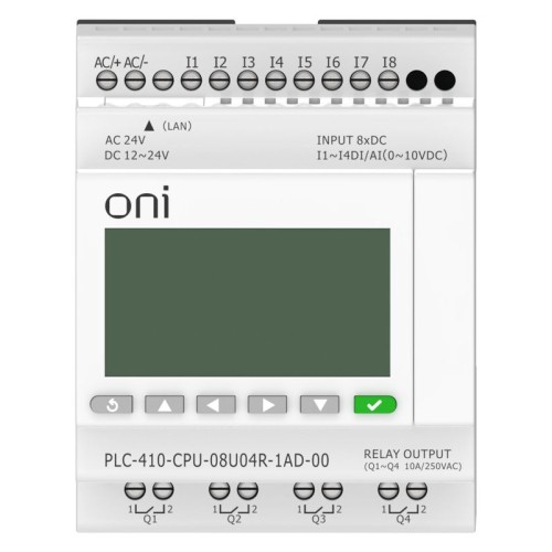 Модуль ЦПУ ПЛК 410 4 DI 4 UI (0-10 В/DI) 4 RO 12В-24В DC или 24В AC с Ethernet портом с экраном ONI PLC-410-CPU-08U04R-1AD-00