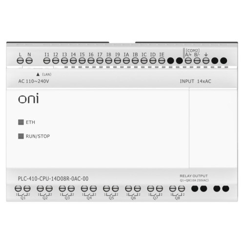 Модуль ЦПУ ПЛК 410 14 DI 8 RO 220В AC с Ethernet портом без экрана ONI PLC-410-CPU-14D08R-0AC-00