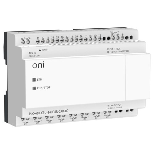 Модуль ЦПУ ПЛК 410 8 DI 6 UI (0-10В/DI) 8 RO 12В-24В DC или 24В AC с Ethernet портом без экрана ONI PLC-410-CPU-14U08R-0AD-00